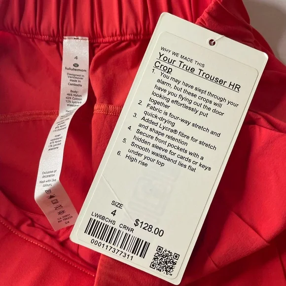 Lululemon Your True Trouser NWT High Rise Crop 4 Carnation Red Lululemon $128